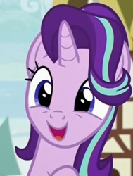 Size: 565x746 | Tagged: safe, screencap, character:starlight glimmer, species:pony, species:unicorn, episode:triple threat, g4, my little pony: friendship is magic, bust, cute, glimmerbetes, hair flip, hair over one eye, happy, open mouth, portrait, smiling, solo