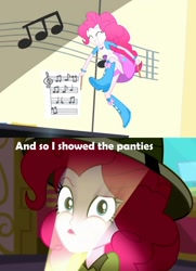 Size: 856x1183 | Tagged: safe, screencap, character:pinkie pie, episode:the art of friendship, episode:the canterlot movie club, eqg summertime shorts, g4, my little pony:equestria girls, actually legit eqg panty shot, classroom, clothing, funny, hat, jumping, lamp, panties, panty shot, parody, pink underwear, skirt, skirt lift, underwear, upskirt