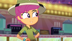 Size: 1920x1080 | Tagged: safe, screencap, character:scootaloo, species:pegasus, species:pony, episode:the canterlot movie club, eqg summertime shorts, g4, my little pony:equestria girls, daring do costume, hands on hip, solo