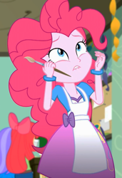 Size: 737x1080 | Tagged: safe, screencap, character:apple bloom, character:pinkie pie, episode:the art of friendship, eqg summertime shorts, g4, my little pony:equestria girls, background human, cropped, lip bite