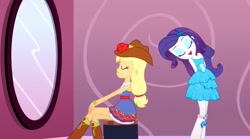 Size: 640x357 | Tagged: safe, screencap, character:applejack, character:rarity, episode:make up shake up, eqg summertime shorts, g4, my little pony:equestria girls, arm behind back, bare shoulders, boots, clothing, dress, eyes closed, fall formal outfits, female, flower, hat, mirror, rose, shipping fuel, shoes, sitting, sleeveless, standing, strapless
