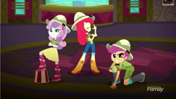 Size: 1280x720 | Tagged: safe, screencap, character:apple bloom, character:scootaloo, character:sweetie belle, species:pegasus, species:pony, episode:the canterlot movie club, eqg summertime shorts, g4, my little pony:equestria girls, cinema, clothing, cutie mark crusaders, hat