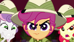 Size: 1280x720 | Tagged: safe, screencap, character:apple bloom, character:scootaloo, character:sweetie belle, species:pegasus, species:pony, episode:the canterlot movie club, eqg summertime shorts, g4, my little pony:equestria girls, angry, clothing, cutie mark crusaders, determined, hat, worried
