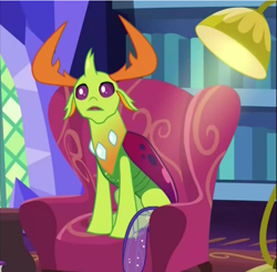 Size: 616x604 | Tagged: safe, screencap, character:thorax, species:changeling, species:reformed changeling, episode:triple threat, g4, my little pony: friendship is magic, armchair, cropped, sitting, solo