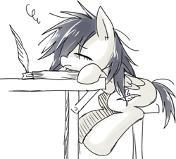 Size: 474x428 | Tagged: dead source, safe, artist:megarexetera, derpibooru original, oc, oc only, species:pegasus, species:pony, desk, eyes closed, female, mare, paper, quill, simple background, solo, tired, white background