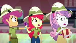 Size: 1280x720 | Tagged: safe, screencap, character:apple bloom, character:scootaloo, character:sweetie belle, species:pegasus, species:pony, episode:the canterlot movie club, eqg summertime shorts, g4, my little pony:equestria girls, cinema, clothing, cutie mark crusaders, food, hat, pointing, popcorn, shocked, ticket