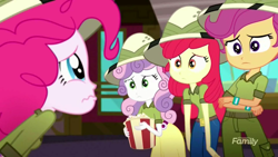 Size: 1280x720 | Tagged: safe, screencap, character:apple bloom, character:pinkie pie, character:scootaloo, character:sweetie belle, species:pegasus, species:pony, episode:the canterlot movie club, eqg summertime shorts, g4, my little pony:equestria girls, big eyes, cinema, clothing, cutie mark crusaders, food, hat, popcorn, sad, sobbing