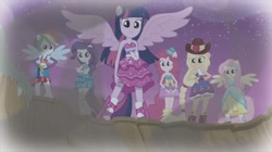 Size: 1100x618 | Tagged: safe, screencap, character:applejack, character:fluttershy, character:pinkie pie, character:rainbow dash, character:rarity, character:twilight sparkle, character:twilight sparkle (alicorn), episode:my past is not today, g4, my little pony:equestria girls, fall formal outfits, humane five, humane six, ponied up