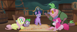 Size: 2048x858 | Tagged: safe, screencap, character:fluttershy, character:lix spittle, character:pinkie pie, character:spike, character:twilight sparkle, character:twilight sparkle (alicorn), species:alicorn, species:dragon, species:earth pony, species:pegasus, species:pony, my little pony: the movie (2017), clothing, cute, female, frown, grin, hair hold, hat, headband, looking up, map, mare, parrot pirates, pirate, pirate hat, prehensile mane, prone, quill, serious, serious face, sitting, smiling, smirk