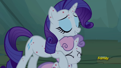 Size: 1920x1080 | Tagged: safe, screencap, character:rarity, character:sweetie belle, species:pony, episode:campfire tales, g4, my little pony: friendship is magic, bite mark, discovery family logo, fly-der bite
