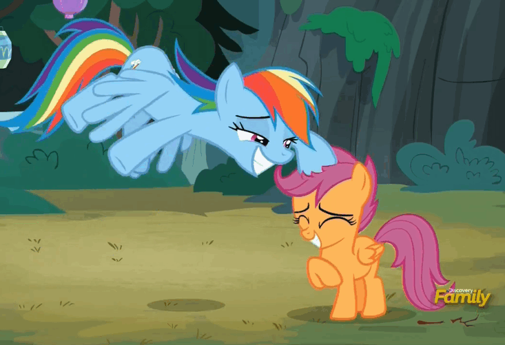 Size: 733x501 | Tagged: safe, screencap, character:rainbow dash, character:scootaloo, species:pegasus, species:pony, episode:campfire tales, g4, my little pony: friendship is magic, animated, discovery family logo, gif, noogie, scootalove