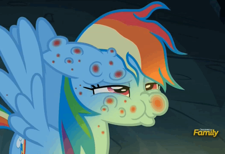 Size: 733x501 | Tagged: safe, screencap, character:rainbow dash, species:pony, episode:campfire tales, g4, my little pony: friendship is magic, animated, bite mark, cute, dashabetes, discovery family logo, fly-der bite, gif, nightmare fuel, rainbow dash is best facemaker