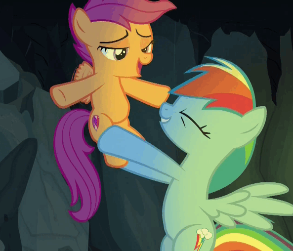 Size: 593x508 | Tagged: safe, screencap, character:rainbow dash, character:scootaloo, species:pegasus, species:pony, episode:campfire tales, g4, my little pony: friendship is magic, animated, cute, cutealoo, dawwww, eyes closed, gif, hoof hold, mama dash, scootalove, spread wings, upsies, weapons-grade cute, wings