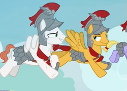Size: 579x416 | Tagged: safe, screencap, character:albus, character:flash magnus, character:iron eagle, species:pegasus, species:pony, episode:campfire tales, g4, my little pony: friendship is magic, armor, cropped, flying, helmet, hoof shoes, male, out of context, royal legion, stallion