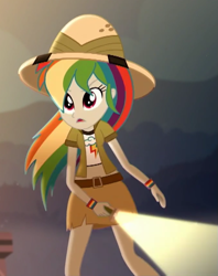 Size: 673x851 | Tagged: safe, screencap, episode:leaping off the page, eqg summertime shorts, g4, my little pony:equestria girls, clothing, cropped, flashlight (object), hat, midriff, pith helmet, short shirt, skirt, solo