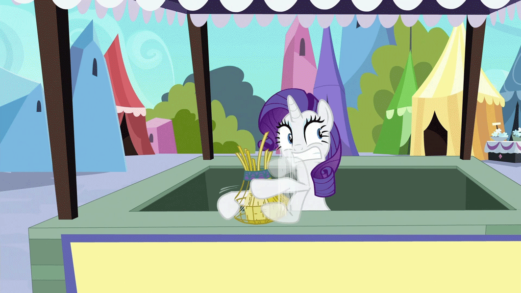 Size: 1063x598 | Tagged: safe, screencap, character:rarity, episode:the crystal empire, g4, my little pony: friendship is magic, animated, clothing, dexterous hooves, gritted teeth, hat, looking around, loop, straw
