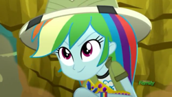 Size: 1280x720 | Tagged: safe, screencap, character:rainbow dash, episode:leaping off the page, eqg summertime shorts, g4, my little pony:equestria girls, clothing, crown, discovery family logo, hat, jewelry, regalia, smiling