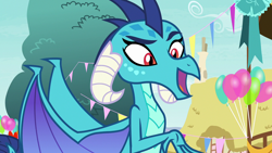 Size: 1280x720 | Tagged: safe, screencap, character:princess ember, species:dragon, episode:triple threat, g4, my little pony: friendship is magic, balloon, dragon lord ember, raised eyebrow, solo, wings