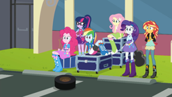 Size: 1280x720 | Tagged: safe, screencap, character:fluttershy, character:pinkie pie, character:rainbow dash, character:rarity, character:sunset shimmer, character:twilight sparkle, character:twilight sparkle (scitwi), species:eqg human, episode:get the show on the road, eqg summertime shorts, g4, my little pony:equestria girls, clothing, confused, geode of fauna, glasses, parking lot, ponytail, wheel