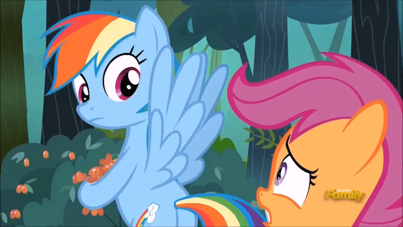 Size: 800x450 | Tagged: safe, screencap, character:rainbow dash, character:scootaloo, species:pegasus, species:pony, episode:campfire tales, g4, my little pony: friendship is magic, animated, berries, flapping, flying, gif