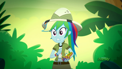 Size: 1920x1080 | Tagged: safe, screencap, character:rainbow dash, episode:leaping off the page, eqg summertime shorts, g4, my little pony:equestria girls, clothing, hat, jungle, midriff, pith helmet, short shirt, skirt, solo