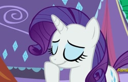 Size: 1127x720 | Tagged: safe, screencap, character:rarity, species:pony, species:unicorn, episode:campfire tales, g4, my little pony: friendship is magic, chuckle, eyes closed, eyeshadow, makeup, purple mane, solo, tent