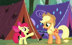 Size: 1145x720 | Tagged: safe, screencap, character:apple bloom, character:applejack, species:earth pony, species:pony, episode:campfire tales, g4, my little pony: friendship is magic, clothing, cowboy hat, female, hat, rope, sisters, tent