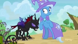 Size: 1280x720 | Tagged: safe, screencap, character:pharynx, character:trixie, species:changeling, episode:to change a changeling, g4, my little pony: friendship is magic, cape, cliff, clothing, hat, road, tree, trixie's cape, trixie's hat