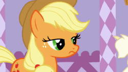 Size: 640x360 | Tagged: safe, screencap, character:applejack, character:rarity, species:earth pony, species:pony, species:unicorn, episode:suited for success, g4, my little pony: friendship is magic, animated, eyes closed, female, frown, glasses, hoof over mouth, looking up, mare, nah, no, open mouth, raised eyebrow, solo focus, sound, thinking, webm