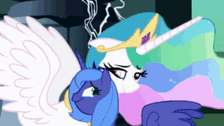 Size: 640x360 | Tagged: safe, screencap, character:daisy, character:derpy hooves, character:dizzy twister, character:lemon hearts, character:orange swirl, character:pinkie pie, character:princess celestia, character:princess luna, species:alicorn, species:earth pony, species:pony, episode:friendship is magic, g4, my little pony: friendship is magic, animated, background pony, bipedal, bipolar, castle of the royal pony sisters, confetti, crying, eyes closed, female, happy, hug, lidded eyes, mare, mood whiplash, neck hug, nose blowing, ocular gushers, open mouth, party, pinkie cry, running, s1 luna, smiling, sound, spread wings, webm, wings