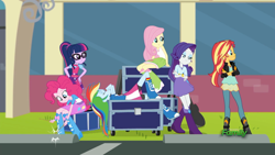 Size: 1280x720 | Tagged: safe, screencap, character:fluttershy, character:pinkie pie, character:rainbow dash, character:rarity, character:sunset shimmer, character:twilight sparkle, character:twilight sparkle (scitwi), species:eqg human, episode:get the show on the road, eqg summertime shorts, g4, my little pony:equestria girls, bored, clothing, crossed arms, geode of empathy, geode of fauna, geode of shielding, geode of super speed, geode of telekinesis, lying down, magical geodes, on back, sitting, waiting