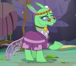 Size: 821x720 | Tagged: safe, screencap, species:changeling, species:reformed changeling, episode:to change a changeling, g4, my little pony: friendship is magic, clothing, cropped, free love (changedling), hippieling, lidded eyes, needs more jpeg, pince-nez, raised hoof, solo