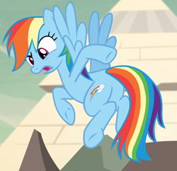 Size: 576x556 | Tagged: safe, screencap, character:rainbow dash, species:pony, episode:daring done, out of context, plot, pyramid, solo, somnambula (location)