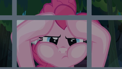 Size: 1265x715 | Tagged: safe, screencap, character:pinkie pie, species:pony, episode:daring done, against glass, glass, solo, window