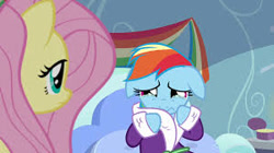Size: 300x168 | Tagged: safe, screencap, character:fluttershy, character:rainbow dash, species:pegasus, species:pony, episode:tanks for the memories, g4, my little pony: friendship is magic, about to cry, bathrobe, clothing, crying, cute, dashabetes, female, floppy ears, imminent crying, mare, robe, sad, sadbow dash, teary eyes