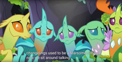 Size: 1898x965 | Tagged: safe, screencap, character:thorax, species:changeling, species:reformed changeling, episode:to change a changeling, g4, my little pony: friendship is magic, cornicle, discovery family logo, meme, s'mores, youtube caption