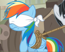Size: 720x579 | Tagged: safe, screencap, character:rainbow dash, species:pegasus, species:pony, episode:daring done, blindfold, bound wings, cropped, offscreen character, rainbond dash, somnambula (location), tied up