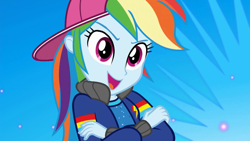 Size: 1280x720 | Tagged: safe, screencap, character:rainbow dash, episode:get the show on the road, eqg summertime shorts, g4, my little pony:equestria girls, backwards ballcap, baseball cap, cap, clothing, crossed arms, female, hat, open mouth, rapper dash, solo