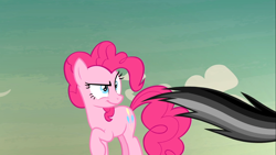 Size: 1920x1080 | Tagged: safe, screencap, character:daring do, character:pinkie pie, species:pony, episode:daring done, >:), black, evil grin, gray, happy, pink, smiling, smirk, smug, tail