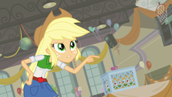 Size: 1920x1080 | Tagged: safe, screencap, character:applejack, equestria girls:equestria girls, g4, my little pony:equestria girls, apple cider (drink), auditorium, canterlot high, clothing, container, cowboy hat, denim skirt, female, freckles, hat, skirt, solo, stetson