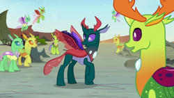 Size: 1280x720 | Tagged: safe, screencap, character:pharynx, character:prince pharynx, character:thorax, species:changeling, species:reformed changeling, episode:to change a changeling, g4, my little pony: friendship is magic, changedling brothers, looking at self, open mouth, raised hoof, spread wings, wings
