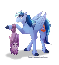 Size: 1556x1696 | Tagged: safe, artist:lolepopenon, oc, oc only, oc:sunny sheila, oc:umami stale, species:bat pony, species:pegasus, species:pony, bat wings, cloven hooves, confused, cute, fangs, hanging, prehensile tail, simple background, size difference, sleeping, transparent background, unshorn fetlocks