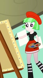 Size: 248x450 | Tagged: safe, screencap, character:drama letter, character:watermelody, episode:the art of friendship, eqg summertime shorts, g4, my little pony:equestria girls, background human, beret, boots, clothing, cropped, hat, shoes, skirt, solo