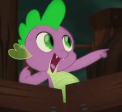 Size: 516x471 | Tagged: safe, screencap, character:spike, species:dragon, my little pony: the movie (2017), baby, baby dragon, celaeno's airship, claws, cropped, cute, dab, fangs, green eyes, looking at something, male, nails, open mouth, pirate ship, pointing, pose, scales, smiling, solo, spikabetes, wood