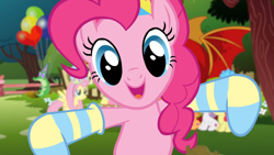 Size: 1920x1080 | Tagged: safe, screencap, character:apple bloom, character:fluttershy, character:gummy, character:pinkie pie, character:scootaloo, character:sweetie belle, species:pegasus, species:pony, balloon, clothing, cutie mark crusaders, happy birthday to you!, manticore, netflix, ponies in socks, socks, striped socks