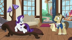 Size: 1920x1080 | Tagged: safe, screencap, character:davenport, character:rarity, species:earth pony, species:pony, species:unicorn, episode:it isn't the mane thing about you, g4, my little pony: friendship is magic, and then there's rarity, fainting couch, female, lamp, male, mare, quill, quills and sofas, stallion
