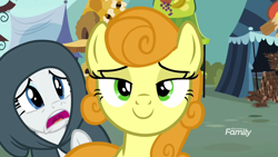 Size: 1920x1080 | Tagged: safe, screencap, character:carrot top, character:golden harvest, character:rarity, species:earth pony, species:pony, species:unicorn, episode:it isn't the mane thing about you, g4, my little pony: friendship is magic, cloak, clothing, discovery family logo, female, mare