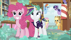 Size: 1324x740 | Tagged: safe, screencap, character:applejack, character:fluttershy, character:pinkie pie, character:rainbow dash, character:rarity, character:twilight sparkle, character:twilight sparkle (alicorn), species:alicorn, species:earth pony, species:pegasus, species:pony, species:unicorn, episode:it isn't the mane thing about you, g4, my little pony: friendship is magic, alternate hairstyle, discovery family logo, female, grin, happy, mane six, mare, poofy pie, punkity, smiling, sugarcube corner, varying degrees of want