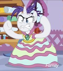 Size: 599x678 | Tagged: safe, screencap, character:rarity, species:pony, species:unicorn, episode:it isn't the mane thing about you, g4, my little pony: friendship is magic, bipedal, clothing, cropped, discovery family logo, dress, female, mare, marshmelodrama, raribald, rarisnap, solo