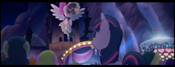 Size: 1344x522 | Tagged: safe, screencap, character:aquamarine glow, character:songbird serenade, character:twilight sparkle, character:twilight sparkle (alicorn), species:alicorn, species:earth pony, species:pegasus, species:pony, species:unicorn, my little pony: the movie (2017), background pony, background pony audience, canterlot, female, mare, rainbow (song), stage, unnamed pony